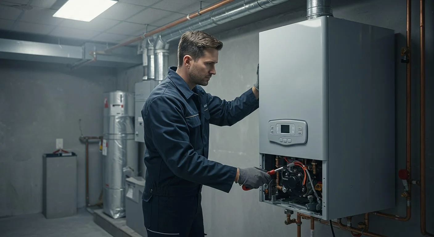 A professional wearing a dark blue uniform is working on the open lower panel of a modern gray wall-mounted boiler in a utility room.