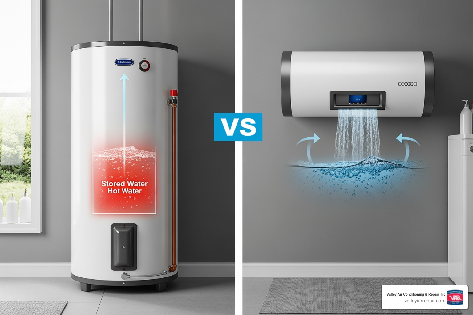 infographic explaining the difference between traditional tank and tankless water heater operation, showing a tank holding hot water versus a tankless unit heating water on demand - tankless water heater installation reedley ca infographic explaining the difference between traditional tank and tankless water heater operation, showing a tank holding hot water versus a tankless unit heating water on demand - tankless water heater installation reedley ca