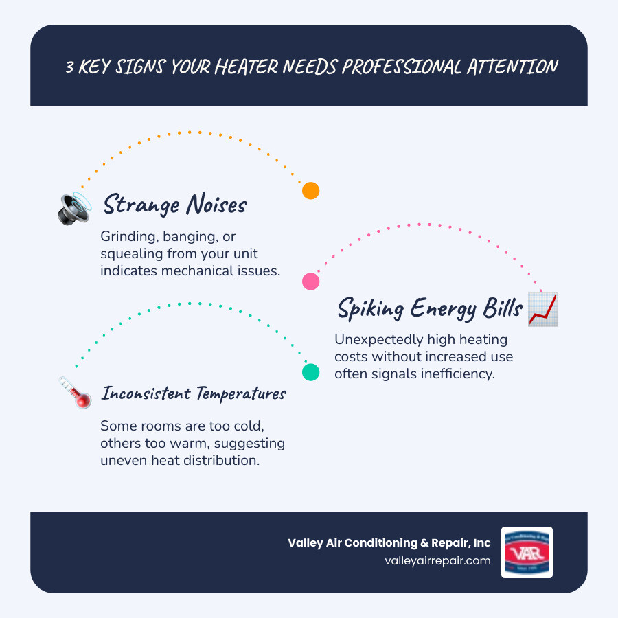 infographic showing three warning signs: unusual noises from heating system, rising energy bills without increased usage, and rooms heating unevenly - heating service fresno ca infographic infographic-line-3-steps-blues-accent_colors