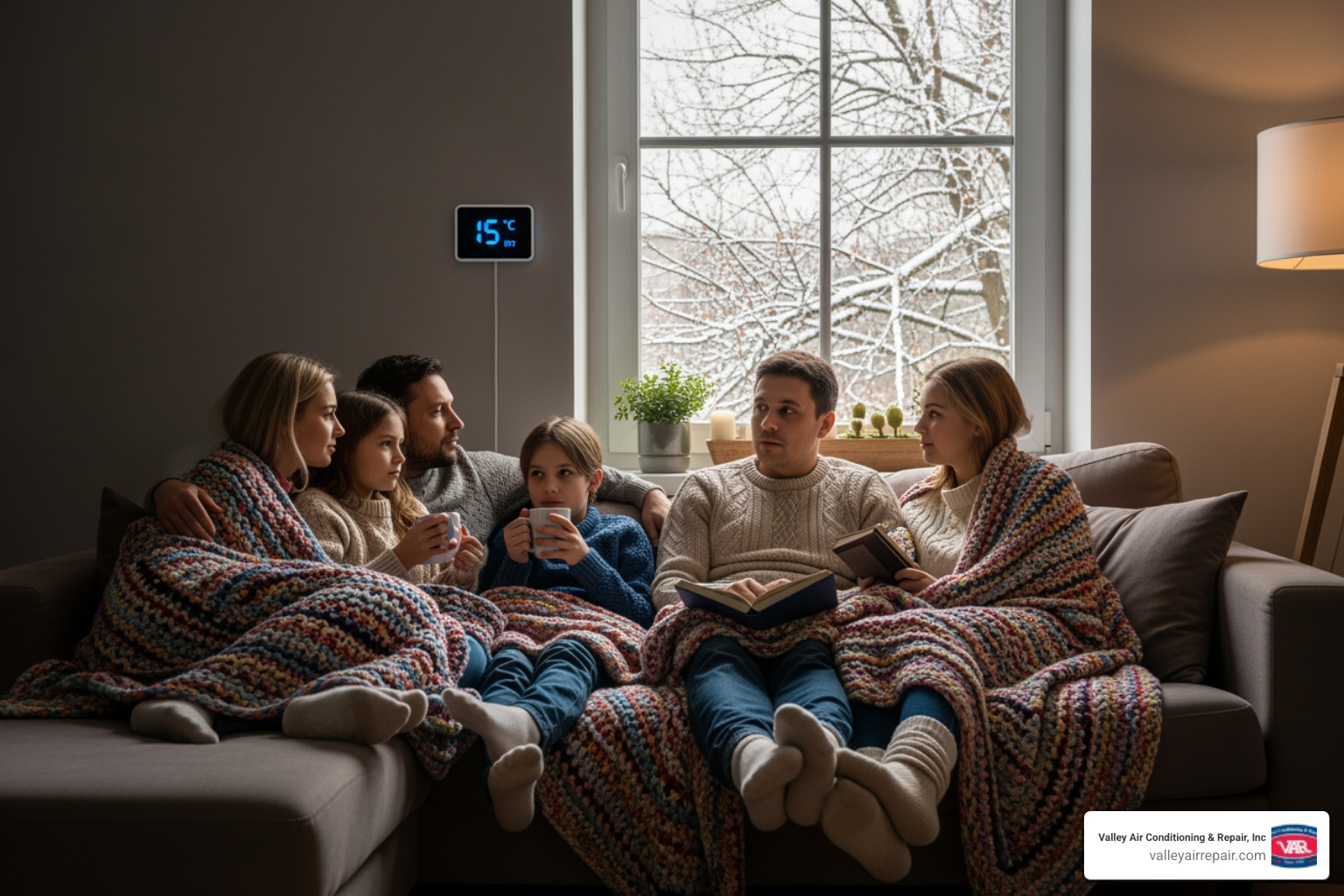 Infographic showing the top 7 warning signs your heating system needs replacement: 1. System age over 15 years, 2. Rising energy bills, 3. Frequent repairs, 4. Uneven heating throughout home, 5. Strange noises or burning smells, 6. Poor indoor air quality, 7. Difficulty maintaining comfortable temperatures - heating replacement clovis ca