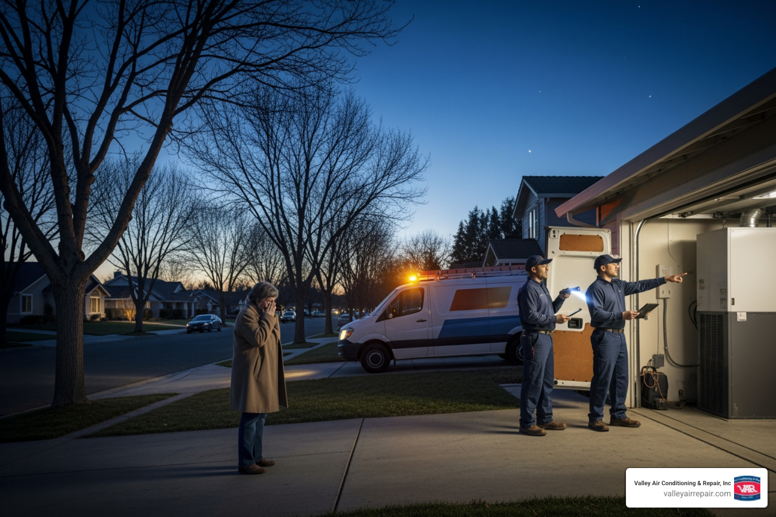 Infographic showing 5 critical signs your heater needs emergency replacement: 1) Complete system failure with no heat output, 2) Carbon monoxide detector alarm or gas smell, 3) Loud banging or screeching noises, 4) Burning smell or visible smoke, 5) System over 15 years old with frequent breakdowns - emergency heating replacement in clovis, ca