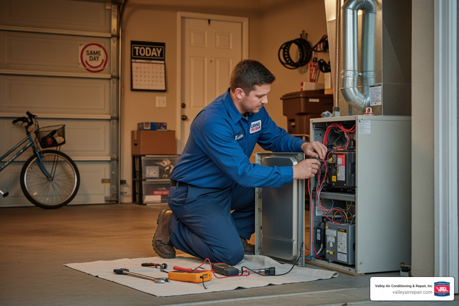 infographic showing the top 5 warning signs your heating system needs immediate maintenance: unusual noises or burning smells, inconsistent room temperatures, weak airflow from vents, sudden spike in energy bills, and pilot light problems - same day heating maintenance in clovis, ca