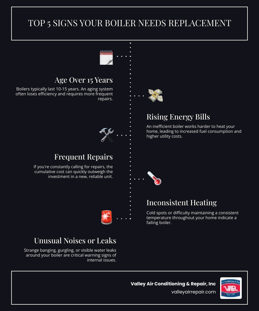 infographic showing five key warning signs that indicate a boiler needs replacement: system age over 15 years, rising energy bills, frequent repairs, inconsistent heating with cold spots, and strange noises or leaks - boiler replacement clovis ca infographic infographic-line-5-steps-dark