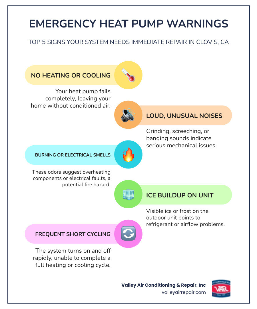 Infographic showing the top 5 warning signs that indicate a heat pump needs emergency repair: complete system failure with no heating or cooling, loud grinding or screeching noises from the unit, burning or electrical smells, ice buildup on the outdoor unit, and frequent short cycling - 24 hour heat pump in clovis, ca infographic infographic-line-5-steps-colors