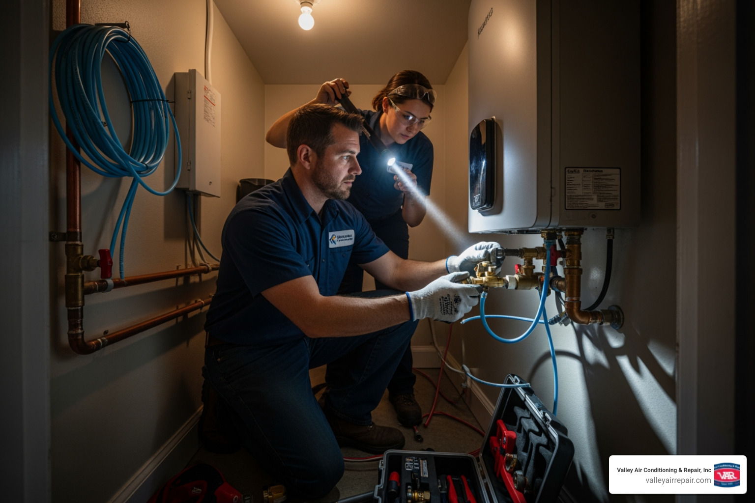 infographic showing traditional tank water heater with standing water and heat loss versus tankless water heater with on-demand heating element, water flow diagram, and key benefits including endless hot water, energy efficiency ratings of 82-98%, 20+ year lifespan, and space savings comparison - emergency tankless water heater installation in fresno, ca