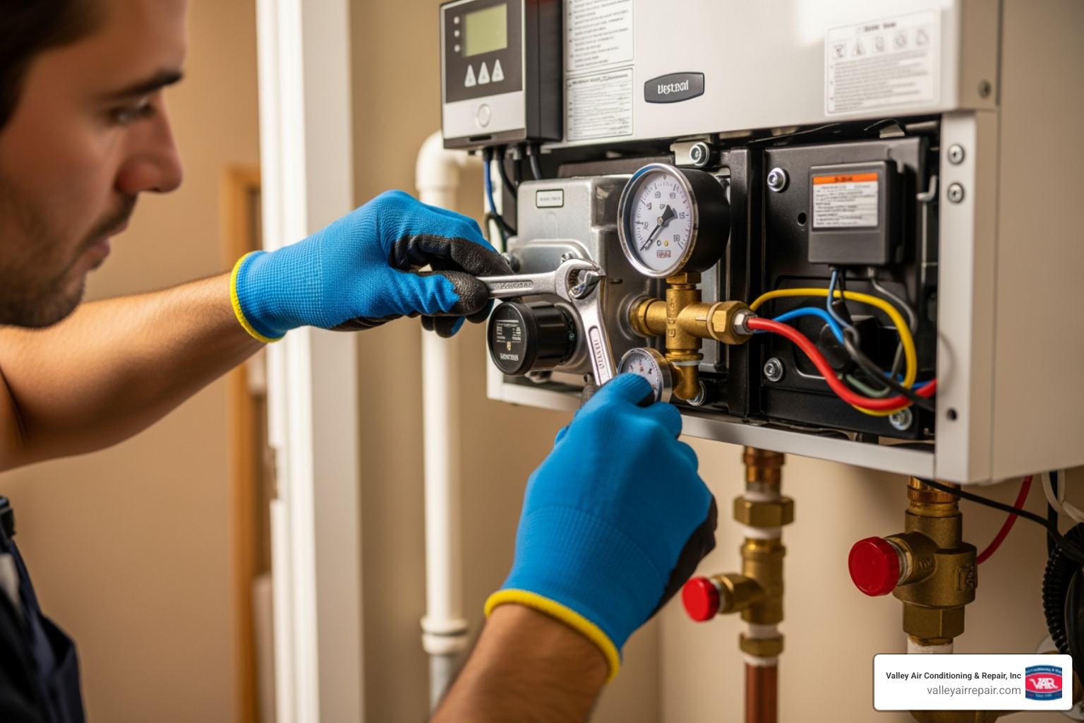 Annual boiler maintenance checklist showing inspection of heat exchanger, safety controls, burners, flue system, pressure levels, and radiator bleeding, with benefits including improved safety, energy efficiency, extended lifespan, and prevention of costly breakdowns - boiler maintenance clovis ca