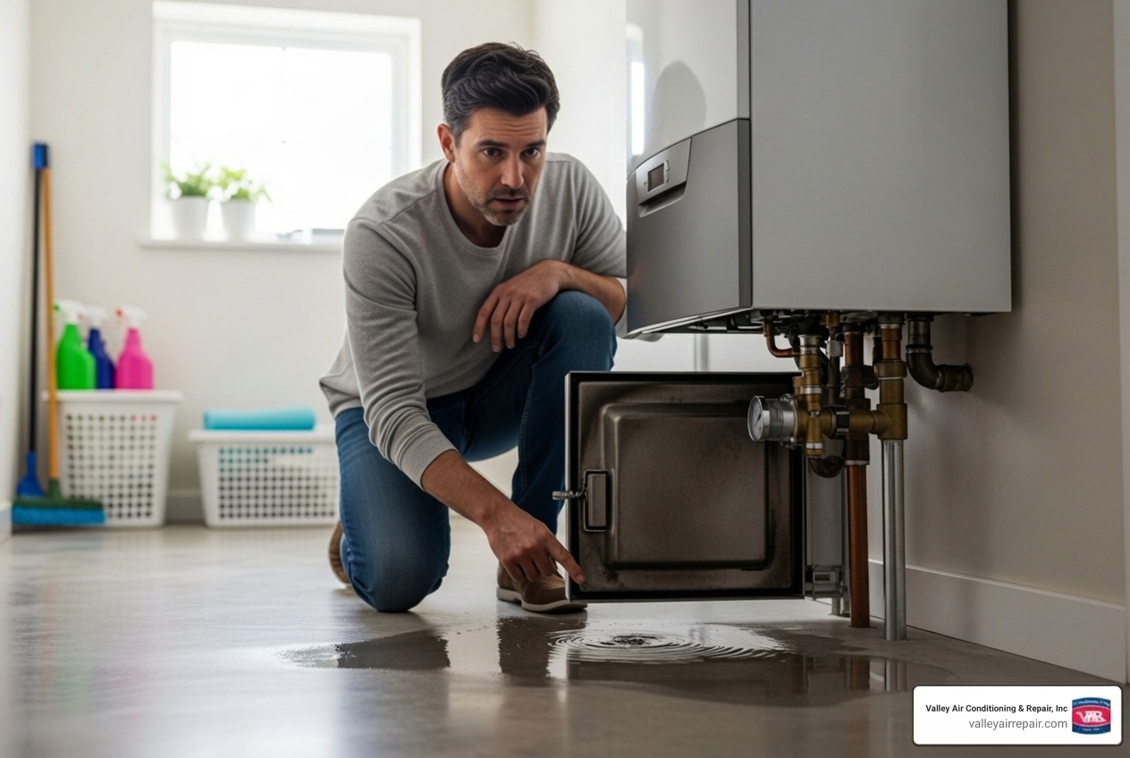 Infographic showing the top 5 warning signs of a boiler emergency: 1) No heat or hot water production, 2) Unusual noises like banging or kettling sounds, 3) Visible water leaks or pooling around the unit, 4) Gas odor or soot marks near the boiler, 5) Error codes displayed or pilot light repeatedly going out - emergency boiler maintenance in clovis, ca Infographic showing the top 5 warning signs of a boiler emergency: 1) No heat or hot water production, 2) Unusual noises like banging or kettling sounds, 3) Visible water leaks or pooling around the unit, 4) Gas odor or soot marks near the boiler, 5) Error codes displayed or pilot light repeatedly going out - emergency boiler maintenance in clovis, ca