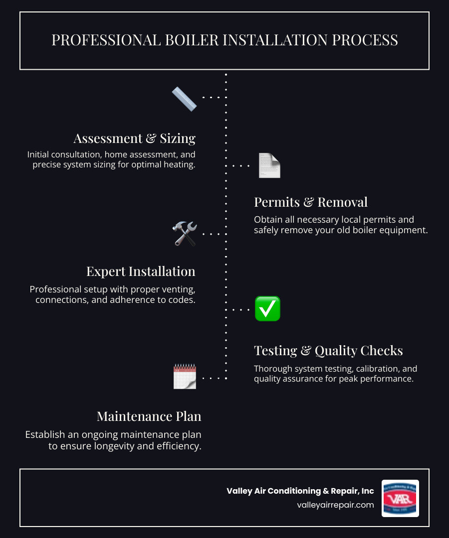 infographic showing the key steps in professional boiler installation: initial home assessment and system sizing, selecting the right boiler type and efficiency rating, obtaining necessary permits, safe removal of old equipment, professional installation with proper venting and connections, thorough testing and quality checks, and ongoing maintenance plan - best boiler installation in fresno, ca infographic infographic-line-5-steps-dark
