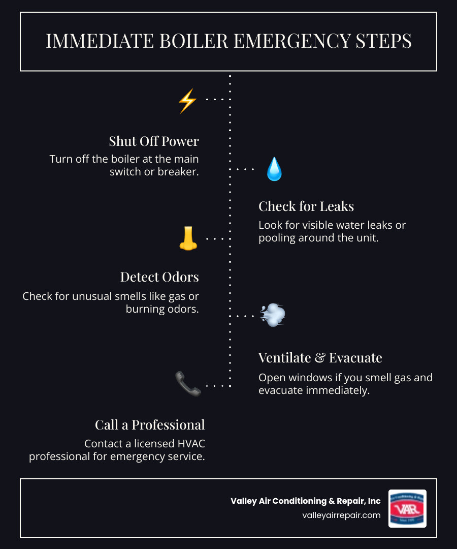 Infographic showing emergency boiler failure checklist: 1) Shut off boiler power immediately, 2) Check for water leaks or puddles, 3) Smell for gas or burning odors, 4) Ventilate the area if needed, 5) Call a licensed HVAC technician for same-day service, 6) Do not attempt DIY repairs on gas or pressure systems - emergency boiler replacement in fresno, ca infographic infographic-line-5-steps-dark Infographic showing emergency boiler failure checklist: 1) Shut off boiler power immediately, 2) Check for water leaks or puddles, 3) Smell for gas or burning odors, 4) Ventilate the area if needed, 5) Call a licensed HVAC technician for same-day service, 6) Do not attempt DIY repairs on gas or pressure systems - emergency boiler replacement in fresno, ca infographic infographic-line-5-steps-dark