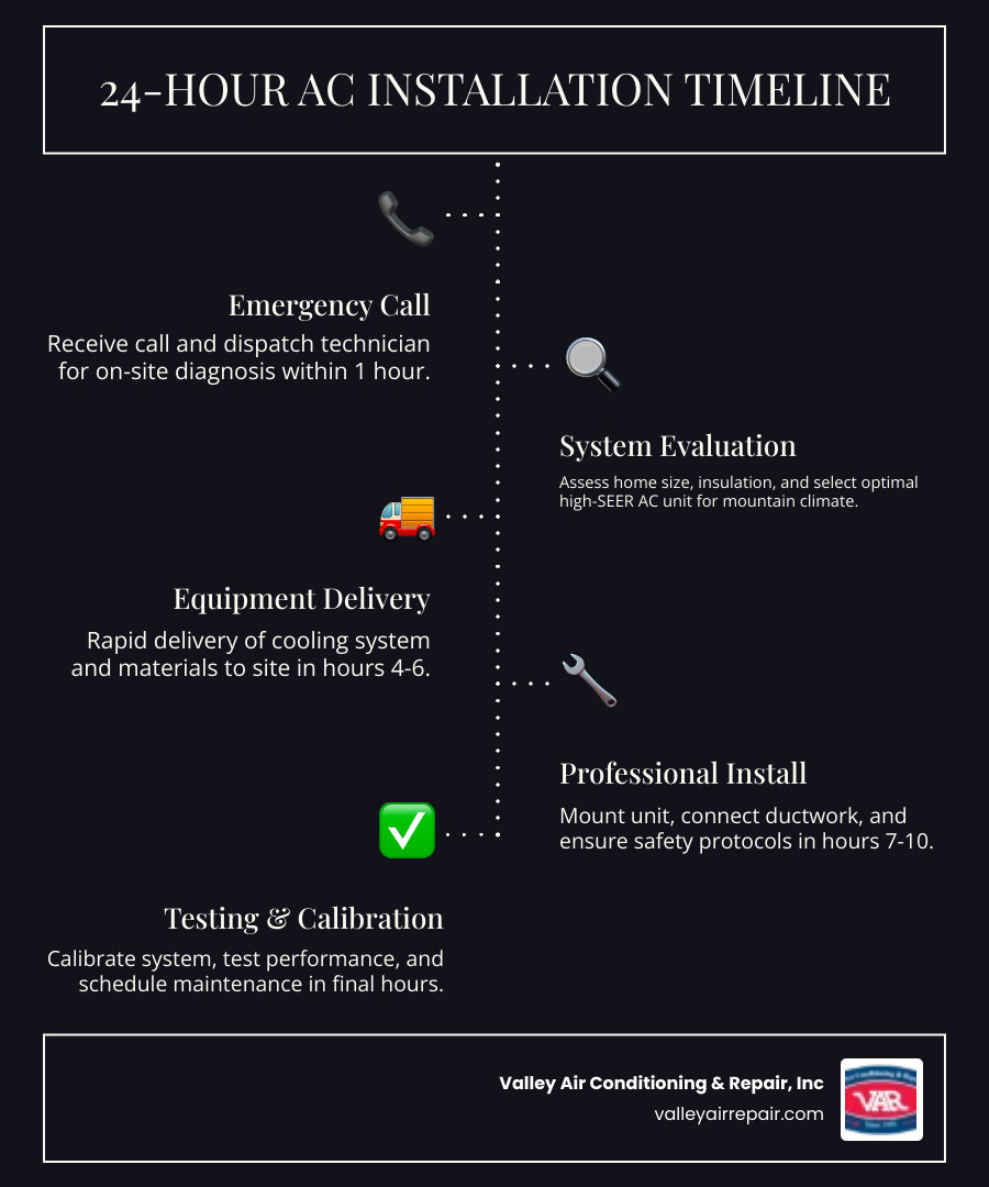 Infographic showing 24-hour AC installation timeline: Hour 1 - Emergency call and diagnosis, Hour 2-3 - System selection and home evaluation, Hour 4-6 - Equipment delivery and preparation, Hour 7-10 - Professional installation and ductwork, Hour 11-12 - System calibration and testing, followed by warranty registration and maintenance scheduling - 24 hour ac installation in coarsegold, ca infographic infographic-line-5-steps-dark