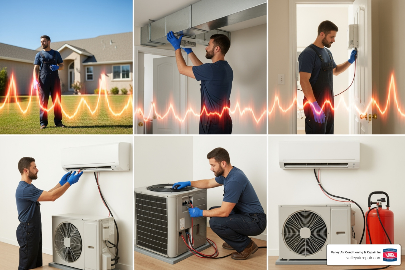 infographic showing the AC installation process: evaluation, sizing calculation, ductwork inspection, unit placement, refrigerant charging, electrical connections, and final testing, with climate considerations for Fowler's hot Central Valley summers - ac installation fowler ca