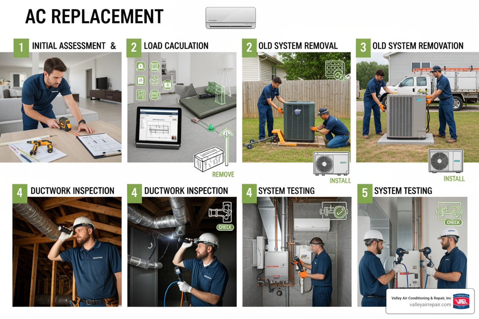 infographic showing the step-by-step AC replacement process from initial assessment and load calculation through old system removal, new equipment installation, ductwork inspection, system testing, and final homeowner orientation - ac replacement clovis ca