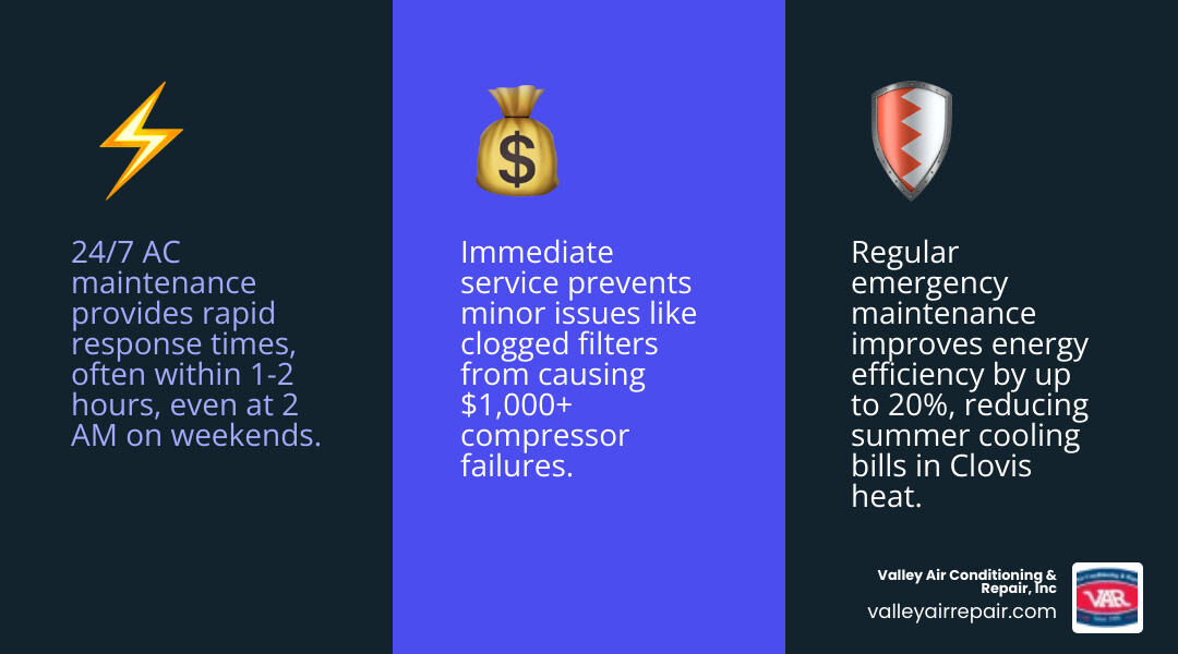 Infographic showing benefits of 24/7 AC maintenance in Clovis CA including faster response, energy savings, and system