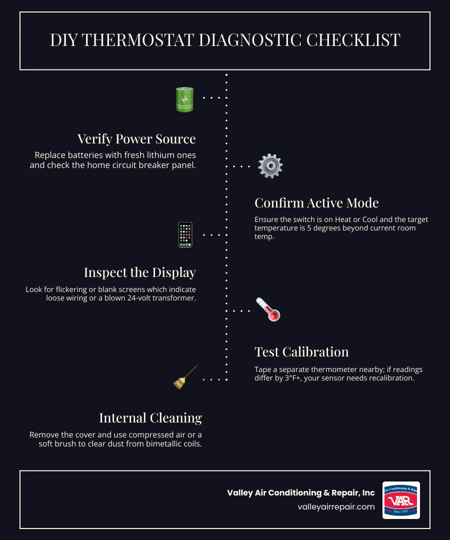 Infographic showing 7-step thermostat check process before calling for HVAC repair - how to check your thermostat before Infographic showing 7-step thermostat check process before calling for HVAC repair - how to check your thermostat before