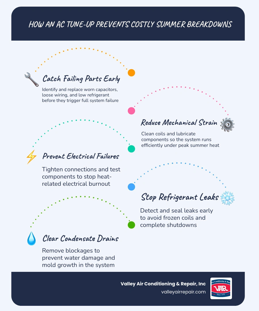 Infographic showing how AC tune-up steps prevent summer breakdowns and improve efficiency infographic Infographic showing how AC tune-up steps prevent summer breakdowns and improve efficiency infographic