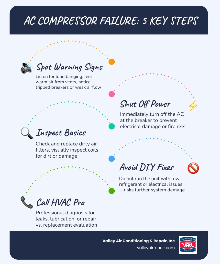 Infographic showing AC compressor failure causes, warning signs, and action steps - why your ac compressor fails and what to