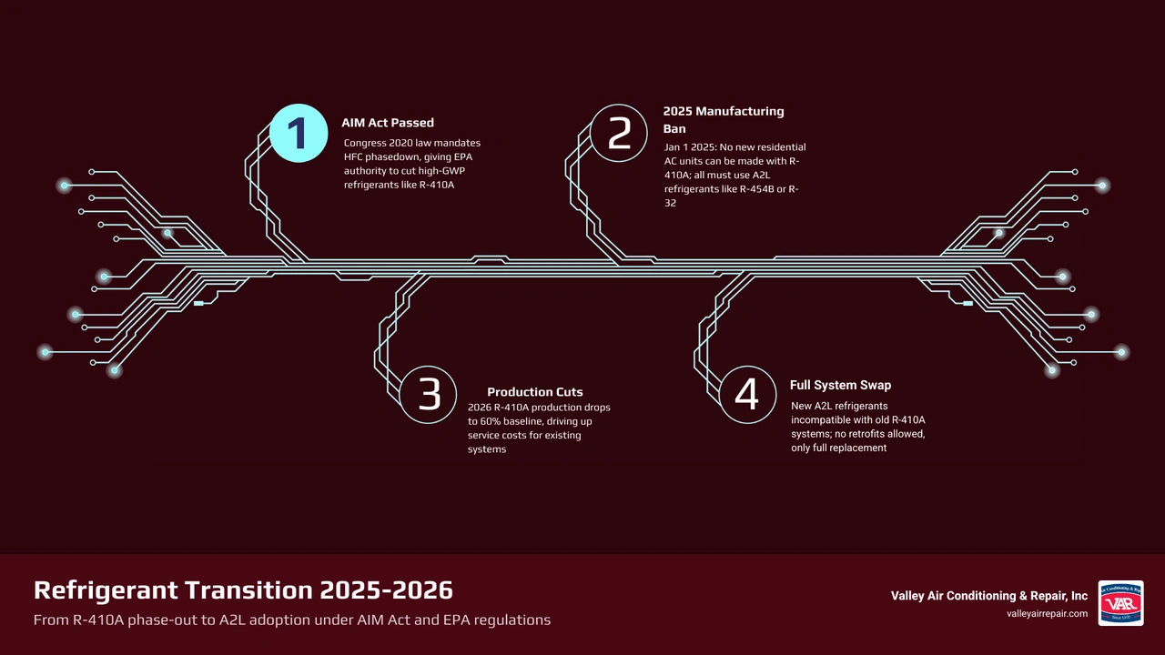 Infographic showing the shift from R-410A to A2L refrigerants including GWP values efficiency gains and key 2025 rule Infographic showing the shift from R-410A to A2L refrigerants including GWP values efficiency gains and key 2025 rule
