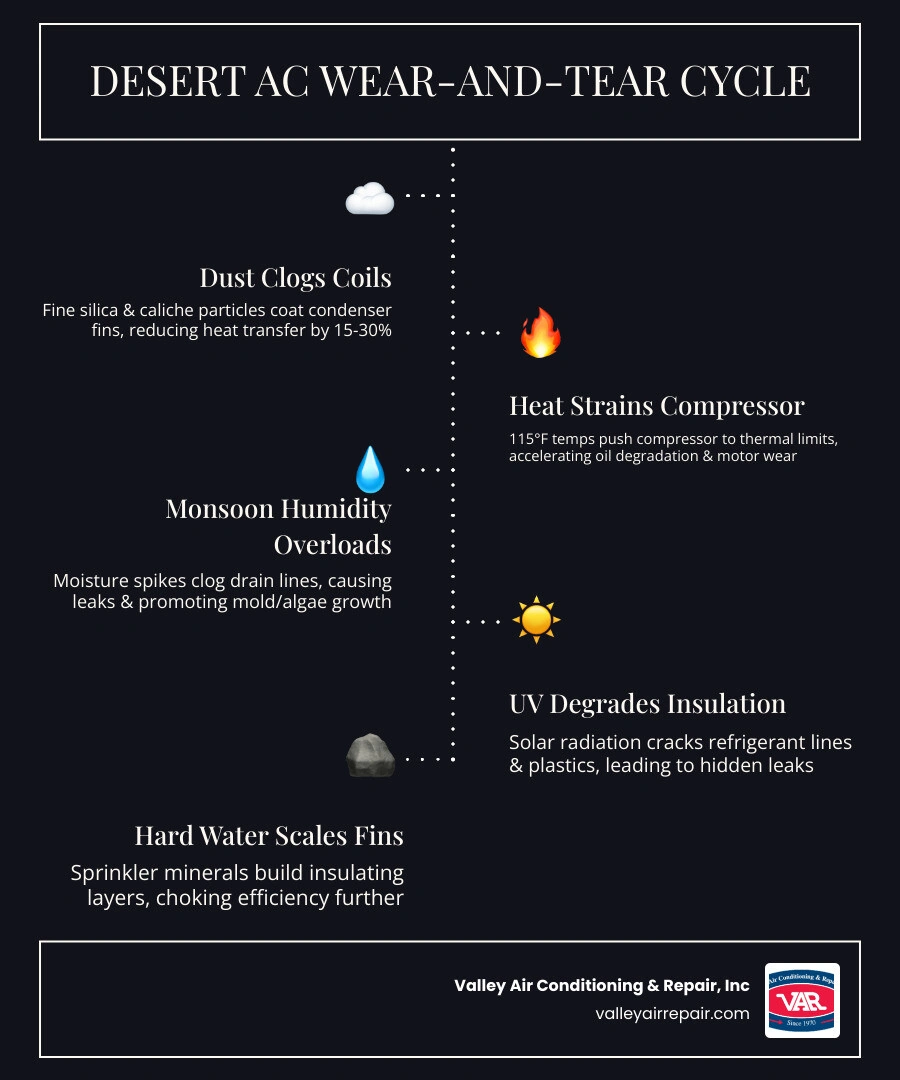 Infographic showing the desert AC wear-and-tear cycle: dust clogs coils, heat strains compressor, monsoon humidity floods Infographic showing the desert AC wear-and-tear cycle: dust clogs coils, heat strains compressor, monsoon humidity floods