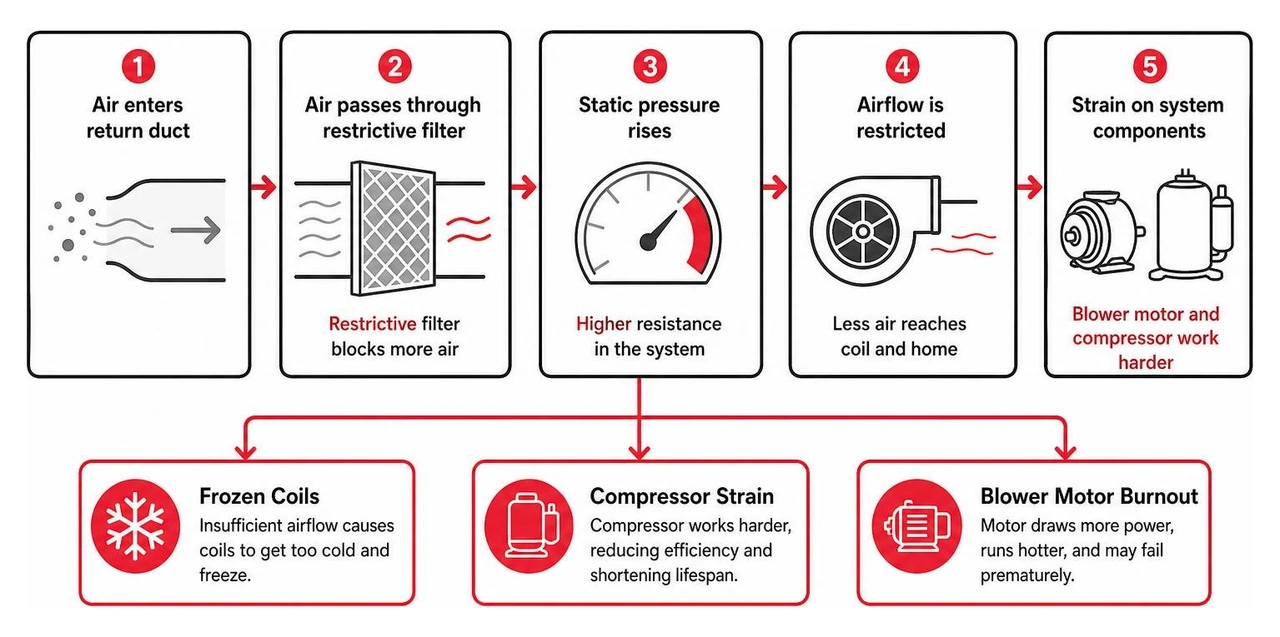 Diagram showing how a restrictive air filter causes static pressure to rise, restricting airflow and placing strain on the Diagram showing how a restrictive air filter causes static pressure to rise, restricting airflow and placing strain on the