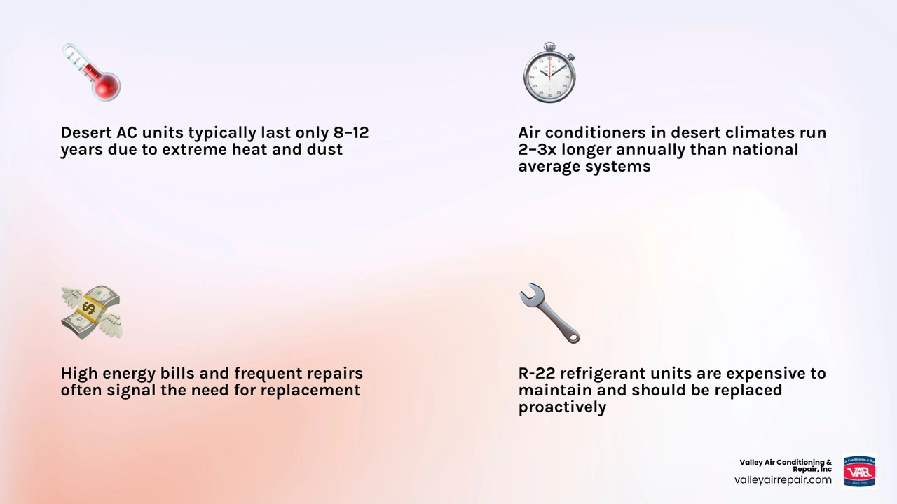 Desert AC lifespan compared to national average with key replacement triggers for homeowners infographic Desert AC lifespan compared to national average with key replacement triggers for homeowners infographic