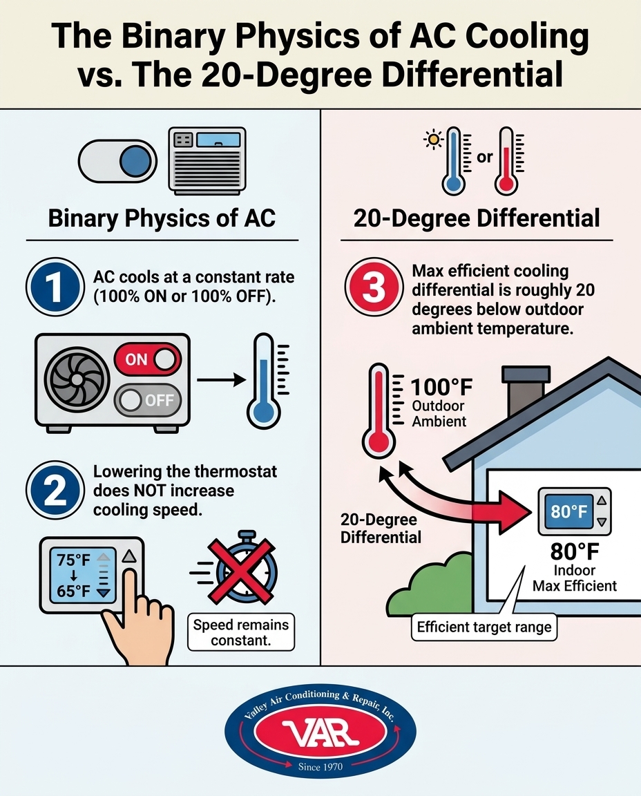 The Binary Physics of AC Cooling vs. The 20-Degree Differential