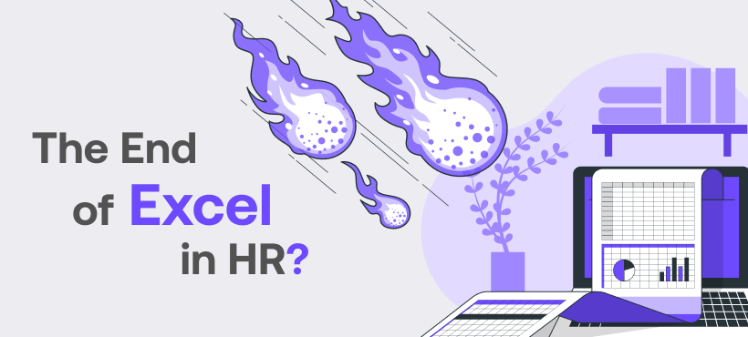 Illustration with the text “The End of Excel in HR?” showing falling purple meteors and an open laptop with spreadsheet charts.