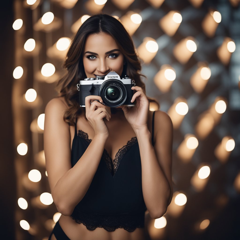 A woman in lingerie poses seductively, holding a camera and smiling