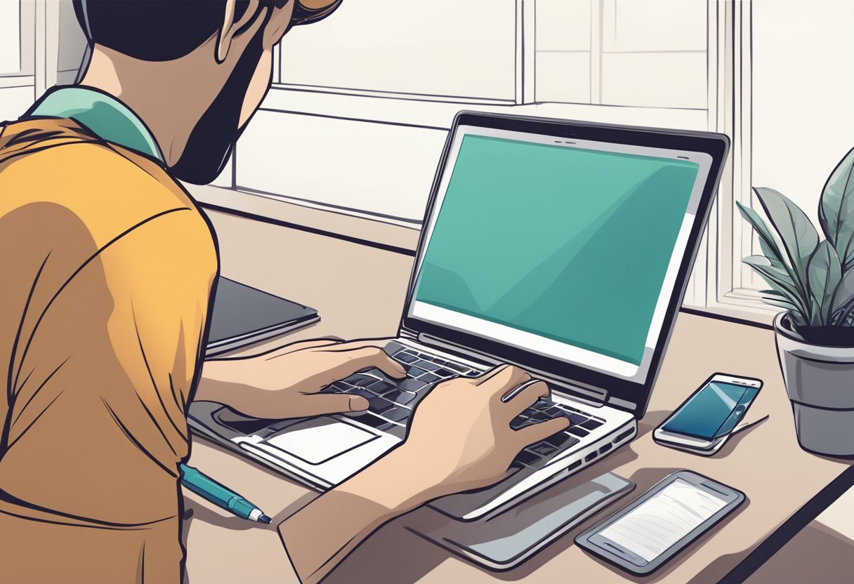 A laptop on a desk with a person filling out a form online