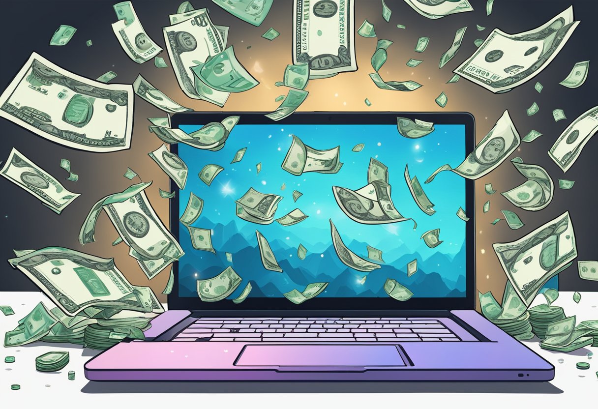 A laptop with OnlyFans logo open, with money raining down