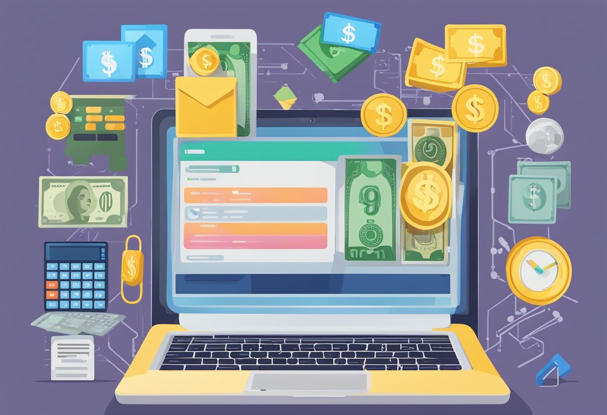 A laptop with a payment processing app open, surrounded by various items symbolizing income streams (e.g. a piggy bank, dollar bills, a calculator)