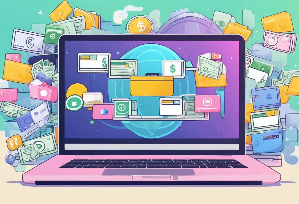 A laptop displaying an OnlyFans profile with a growing number of subscribers, surrounded by social media icons and a stack of cash