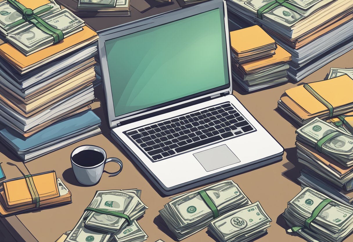 A laptop surrounded by stacks of cash, a calculator, and various business books on a desk