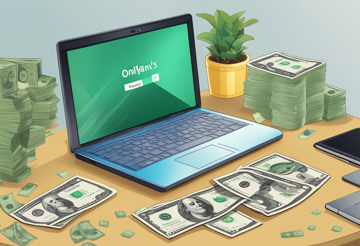 A laptop with OnlyFans website open, surrounded by cash and a calculator