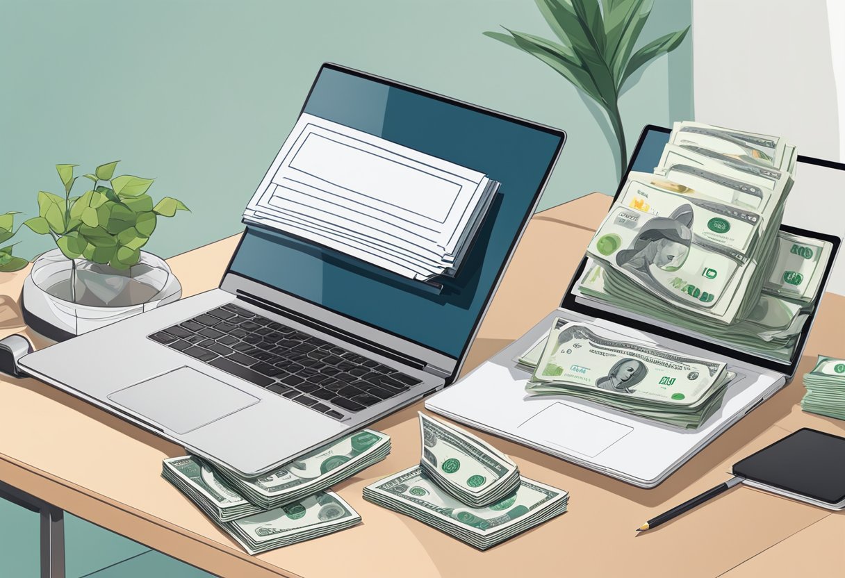 A laptop open on a desk, with a graph showing increasing earnings from an OnlyFans account. A stack of cash and a credit card sit nearby