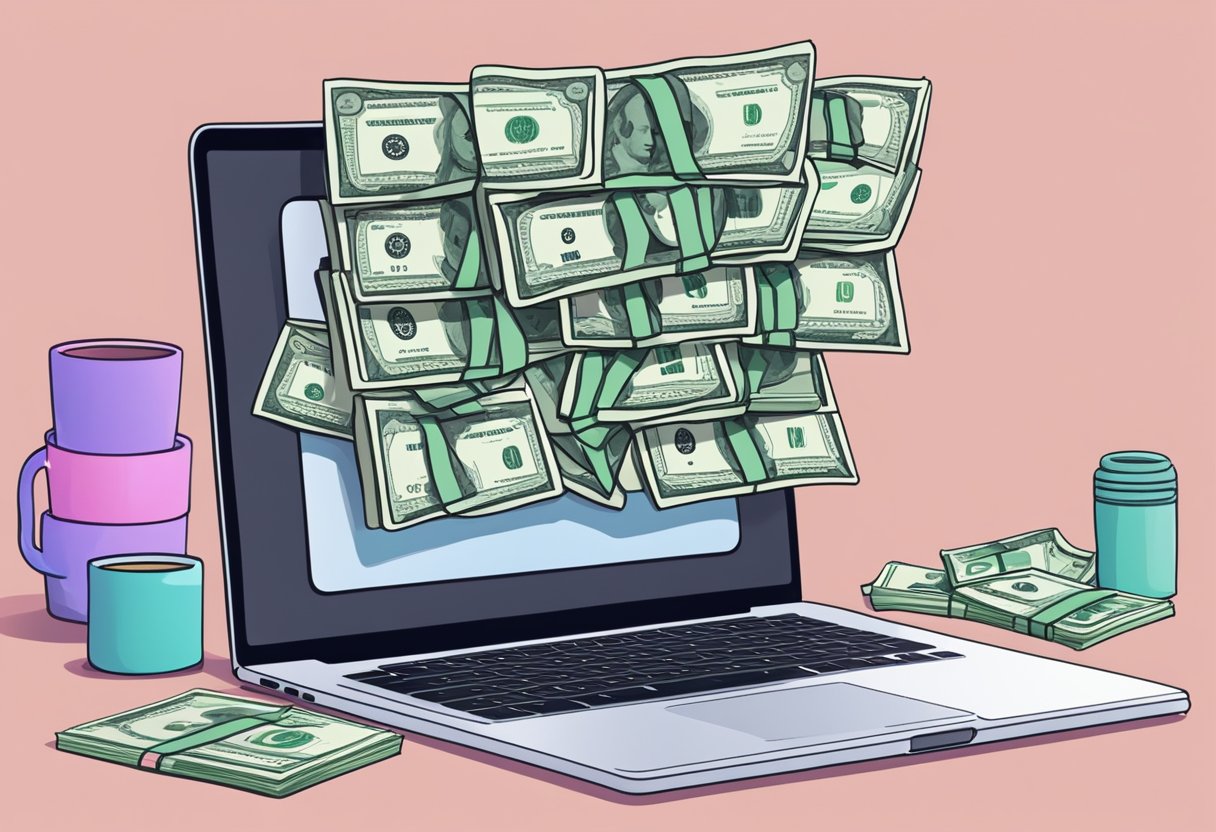 A laptop with OnlyFans website open, surrounded by cash and a calculator