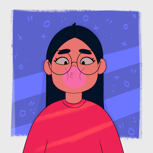 Cartoon portrait of Annie blowing a pink bubblegum bubble, wearing glasses and a red shirt on a blue background with doodles.