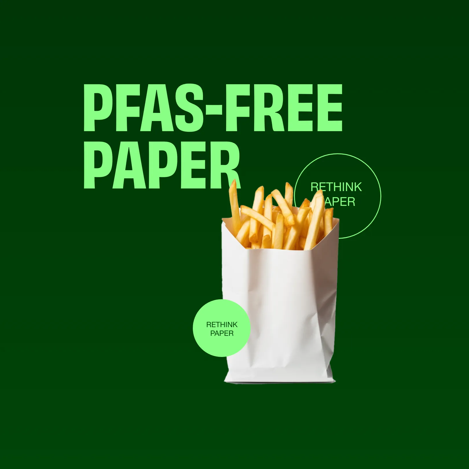 Die Grafik hat einen dunkelgrünen Hintergrund mit Neon grüner Typografie vor der eine Freigestellte Pommes Tüte steht.
