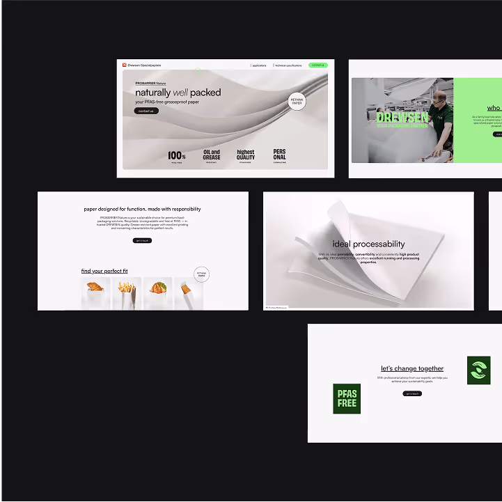 Website layout showcasing features of PFAS-free greaseproof paper with images and text highlighting natural packaging, oil and grease resistance, high quality, and sustainability.