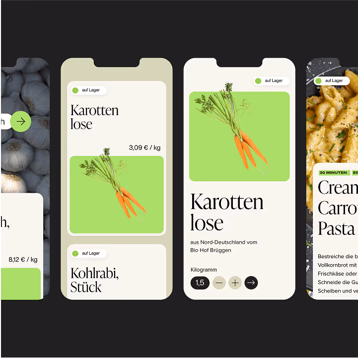 Zwei Smartphone-Bildschirme zeigen eine App mit Karotten und Kohlrabi Produkten, inklusive Preisen und Mengenangaben.