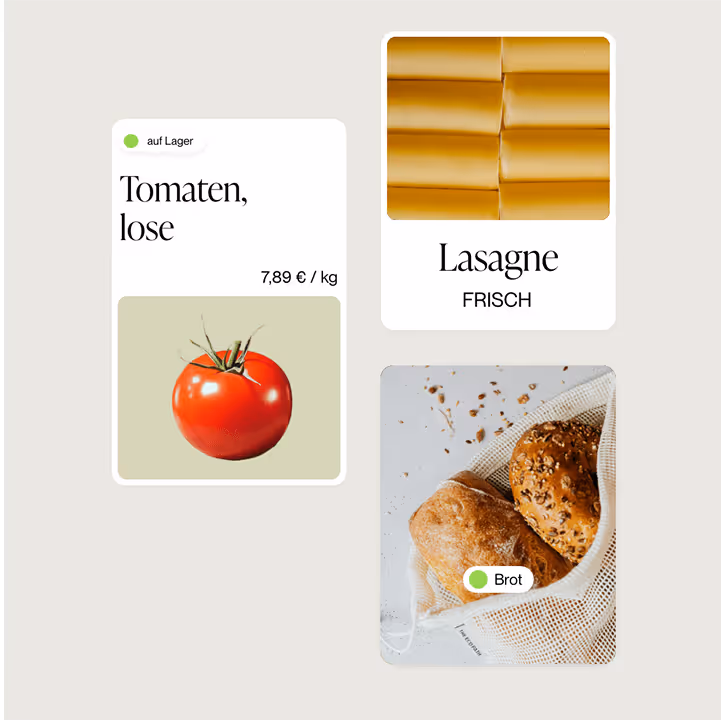 Drei Aufnahmen von Lebensmitteln: eine frische rote Tomate, frische Lasagneblätter und zwei Brötchen in einem Netzbeutel mit einem Etikett „Brot“.