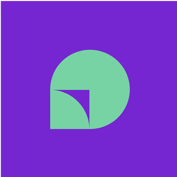 Grünes geometrisches Logo aus einem großen Kreis und einem kleineren Quadrat auf lila Hintergrund.