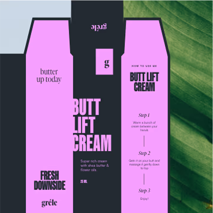 Verpackungsdesign für Butt Lift Cream mit Anwendungsanleitung und Inhaltsstoffen, vor grünem Blatthintergrund.