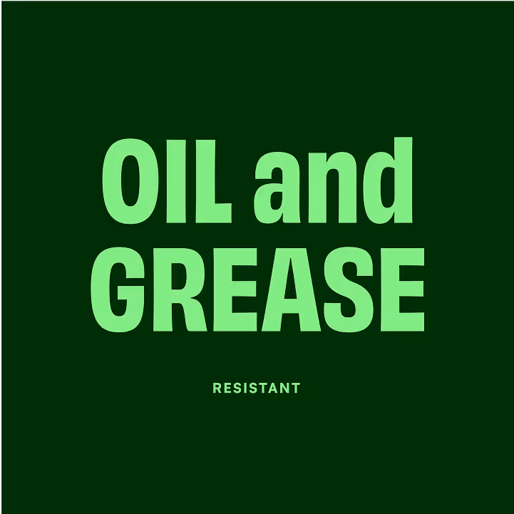 Text 'Öl- und Fettbeständig' in grüner Schrift auf dunkelgrünem Hintergrund.