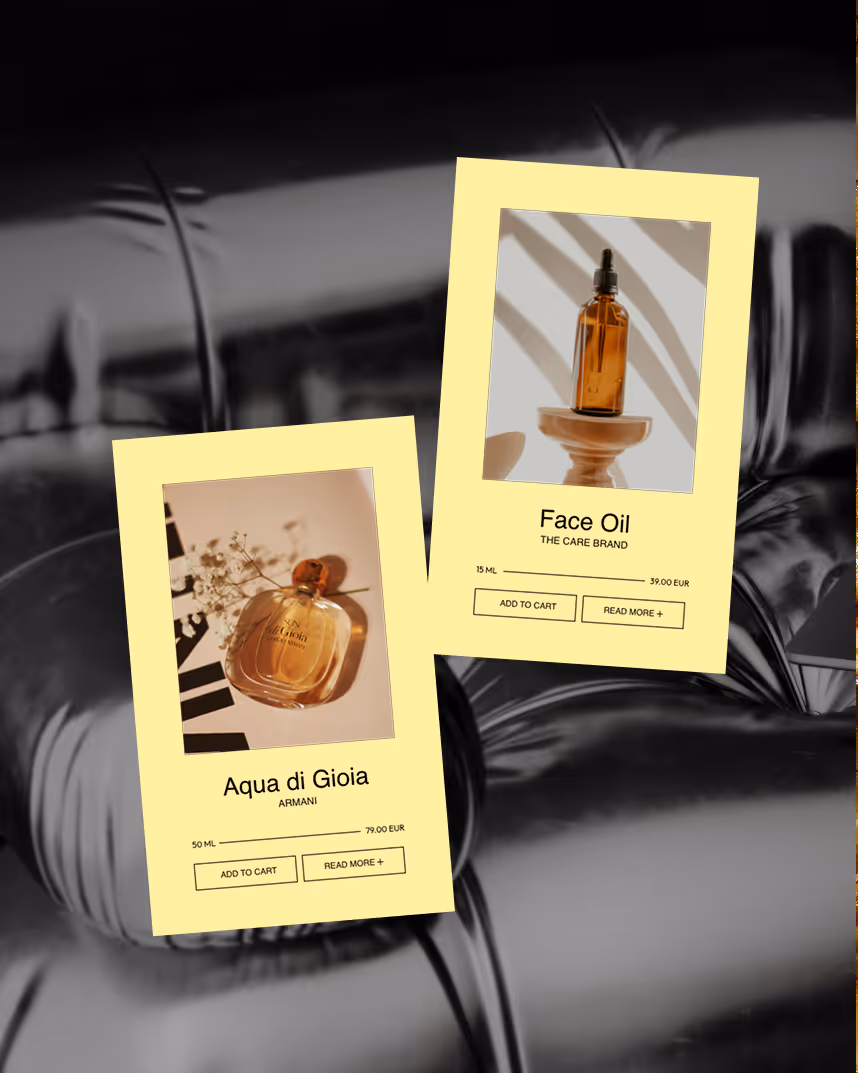 Zwei Produktkarten für Blush Cream mit Glasflaschen vor einem schwarzen Lederhintergrund, jede Karte zeigt ein Produktbild, Volumenangabe 35 ml und Preis 11,00 EUR.