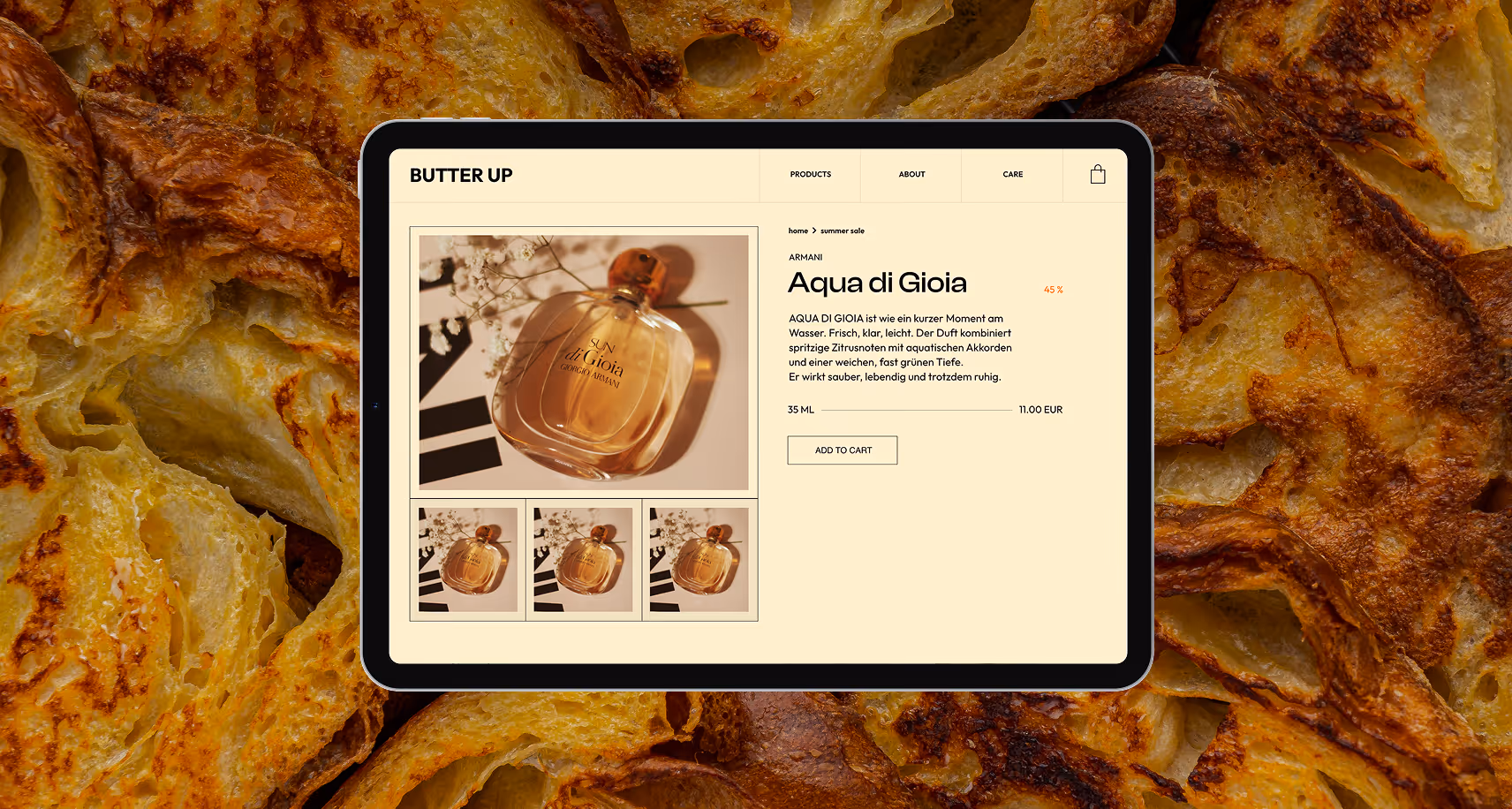 Tablet zeigt eine Webseite für Parfüm 'Blush Cream' von The Care Brand mit Produktbildern und Beschreibung.