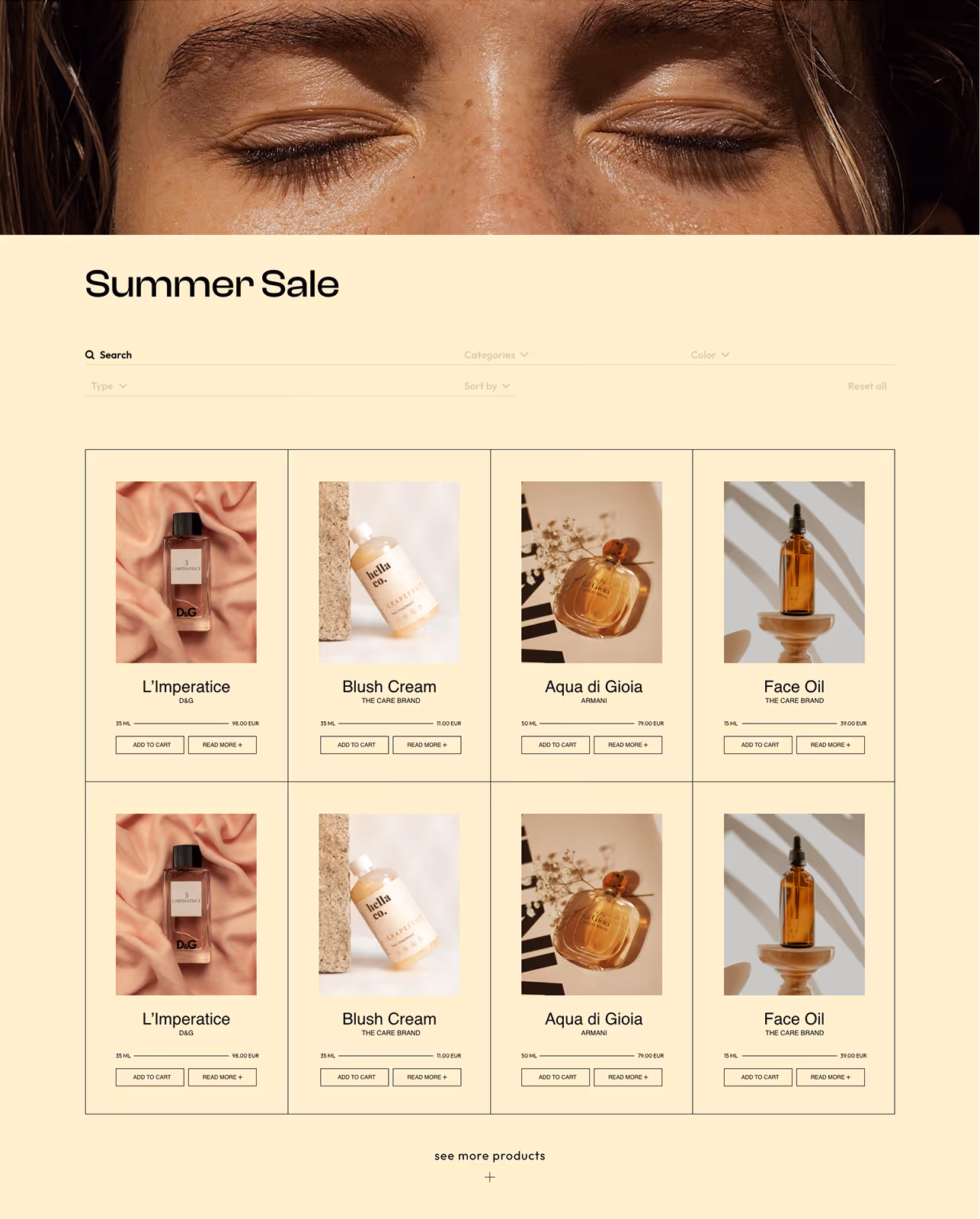 Online-Shopseite mit Sommerangebot für Blush Cream von The Care Brand, acht Produktbilder in zwei Reihen mit Preisangabe 11,00 EUR.