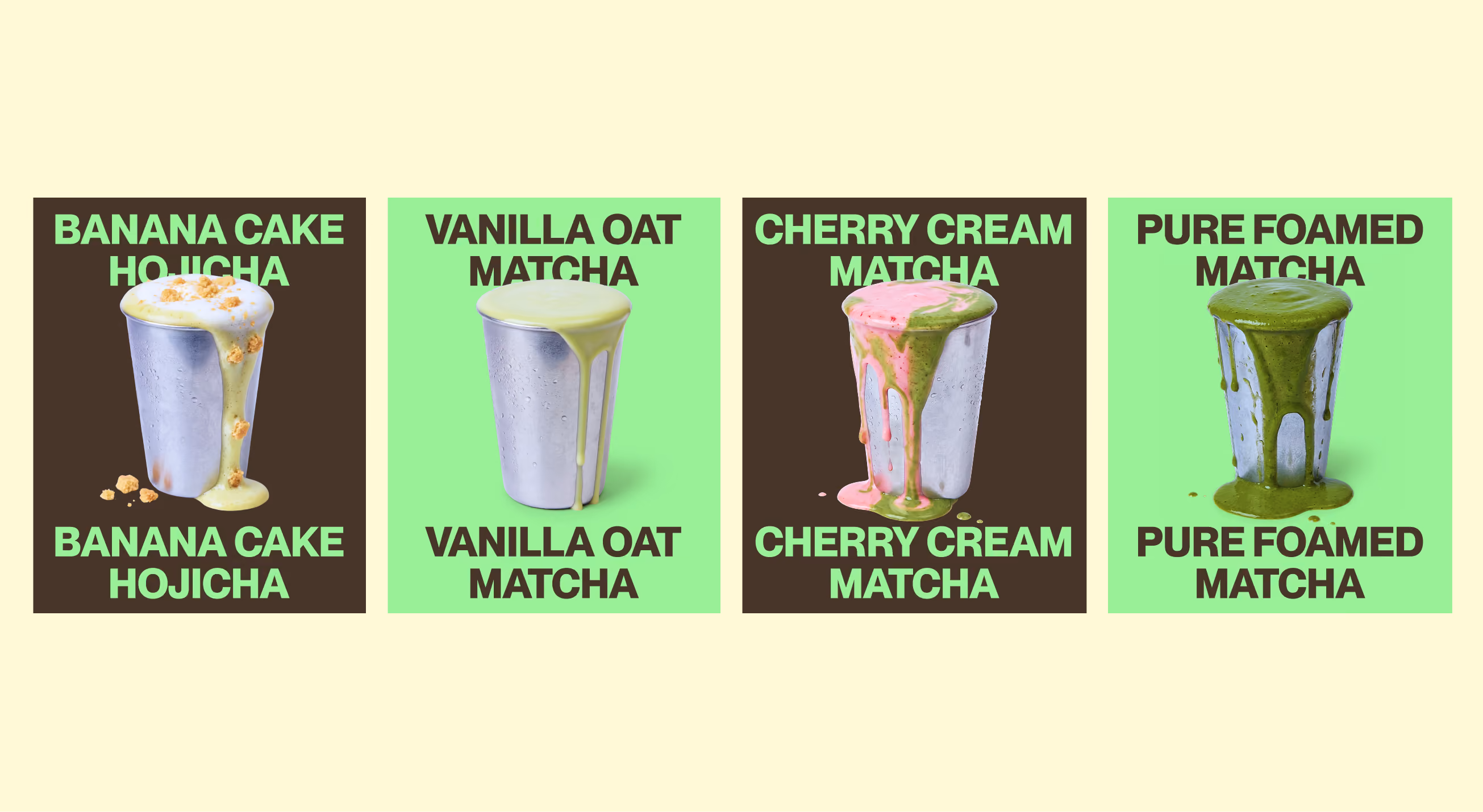 Vier Becher mit verschiedenen Matcha-Getränken: Banane, Vanille, Kirsche und reiner Matcha mit Schaum.