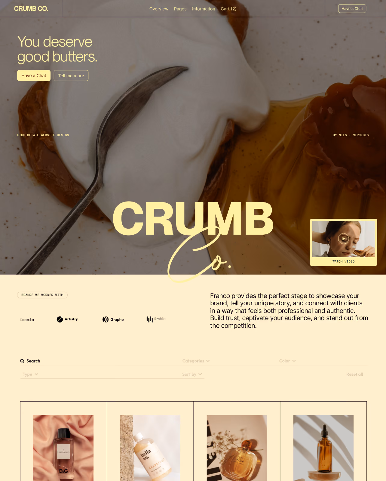 Nahaufnahme von Butter und Honig mit Messer auf weißem Teller, überlagert von Text 'Gréle Butter Up' und Website-Layout mit Produktbildern.