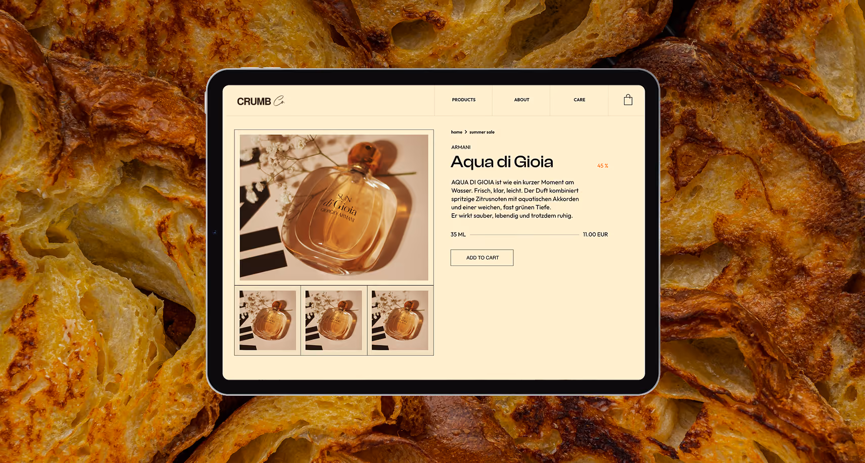 Tablet zeigt eine Webseite für Parfüm 'Blush Cream' von The Care Brand mit Produktbildern und Beschreibung.