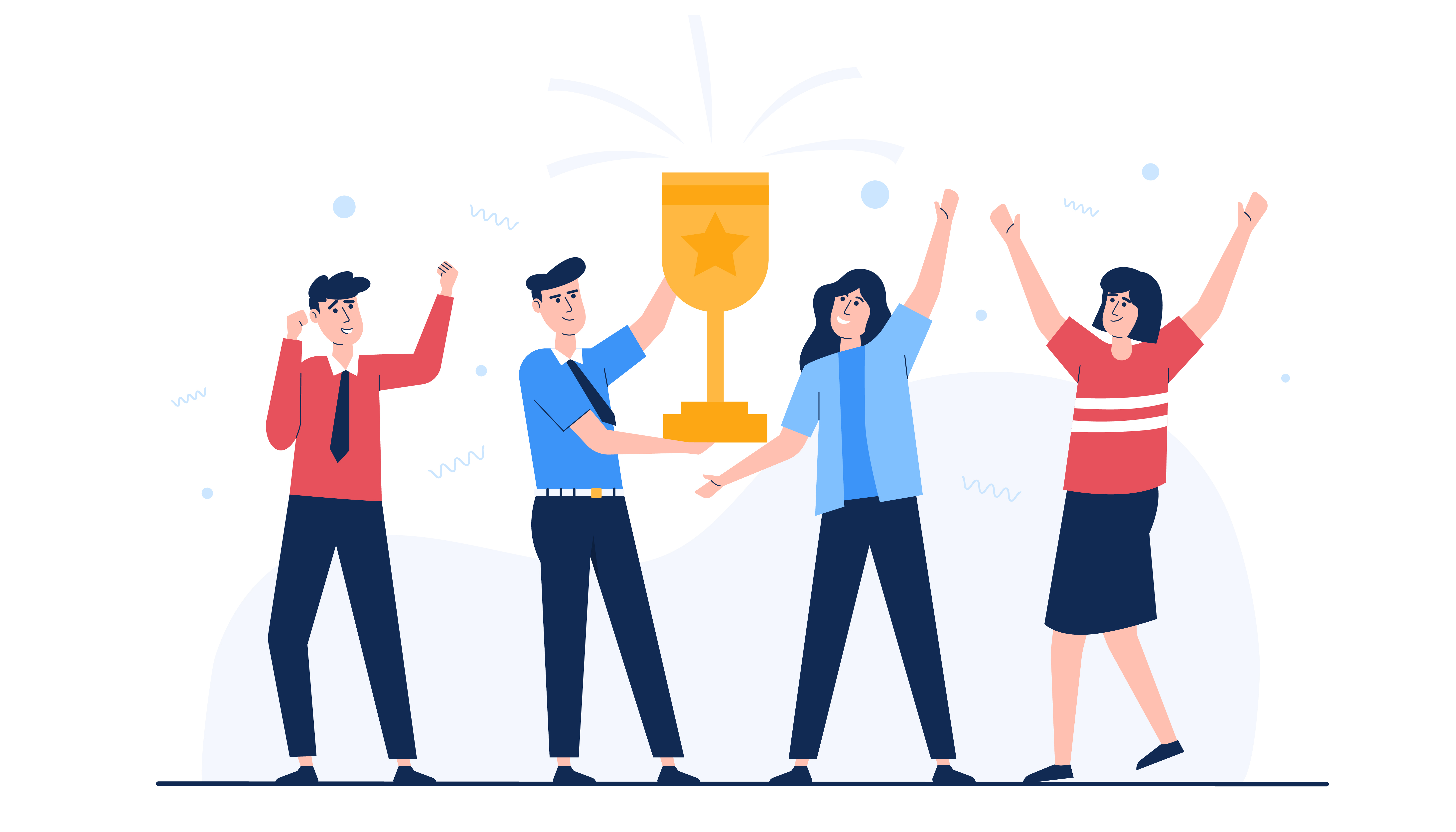 Illustratie van medewerkers die samen een trofee ontvangen tijdens een award ceremony binnen een bedrijf.